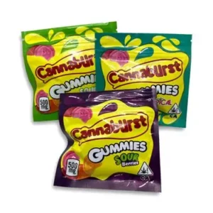 Cannaburst Gummies 500mg Sour Apple packaging and green sour gummies