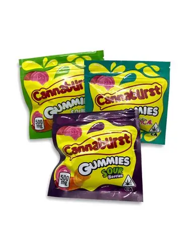 Cannaburst Gummies 500mg Sour Apple packaging and green sour gummies